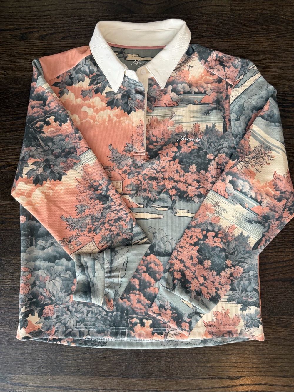 Macade Scenic Print Golf Polo Long Sleeve Pink Gray Performance Top Medium